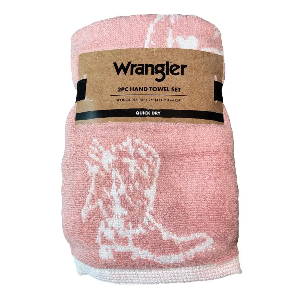 Wrangler Cowboy Like Me Pink Peach Boots Hat Hand Towels White Set of 2 NEW